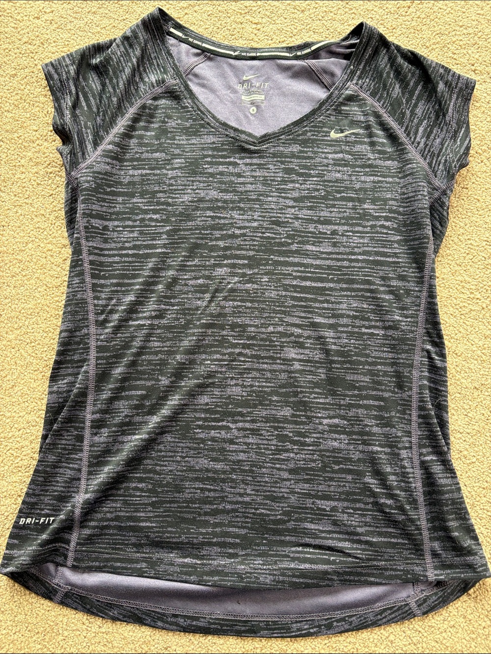 Nike Women’s Dri-FIT V-Neck Short Sleeve Top — Purple andBlack with Heather Gray
